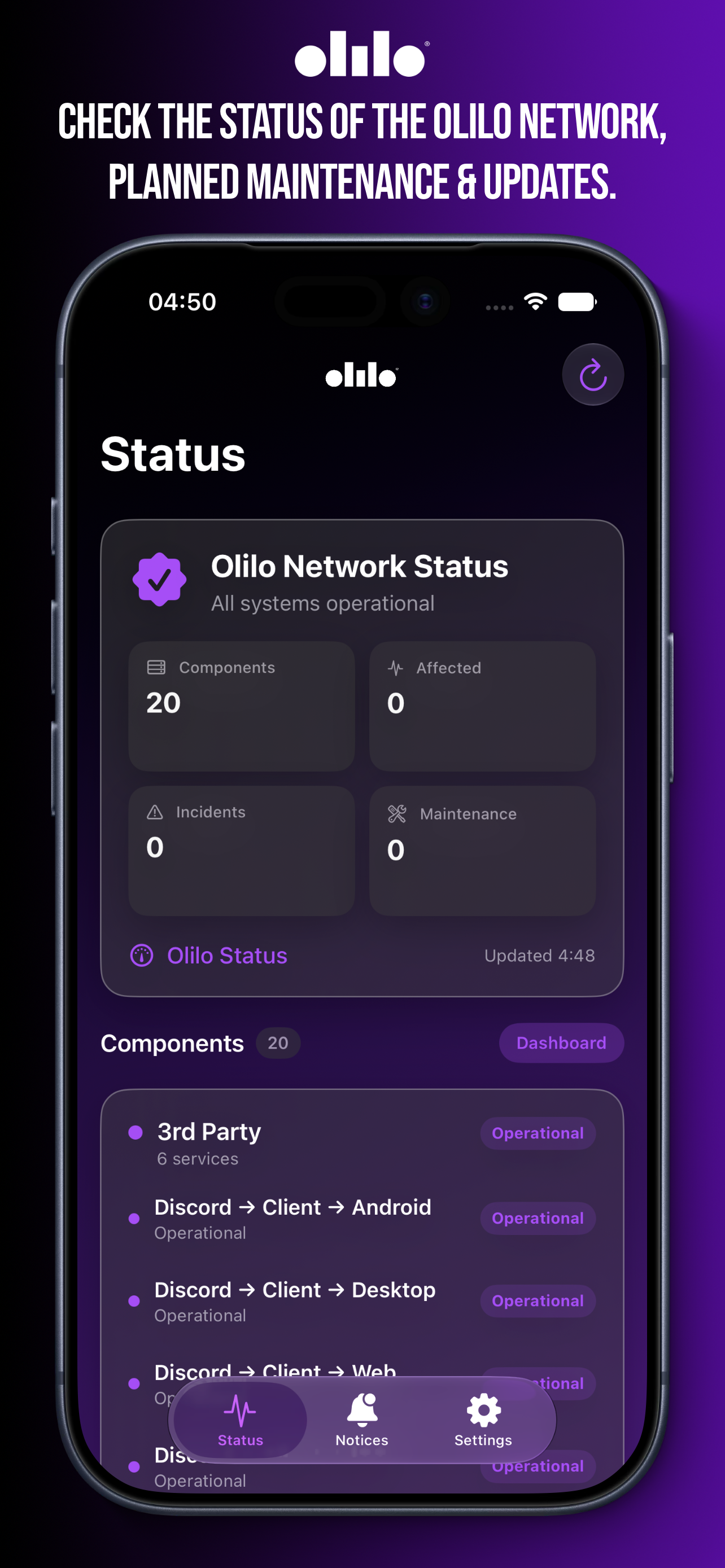 Olilo Status iOS launch screenshot